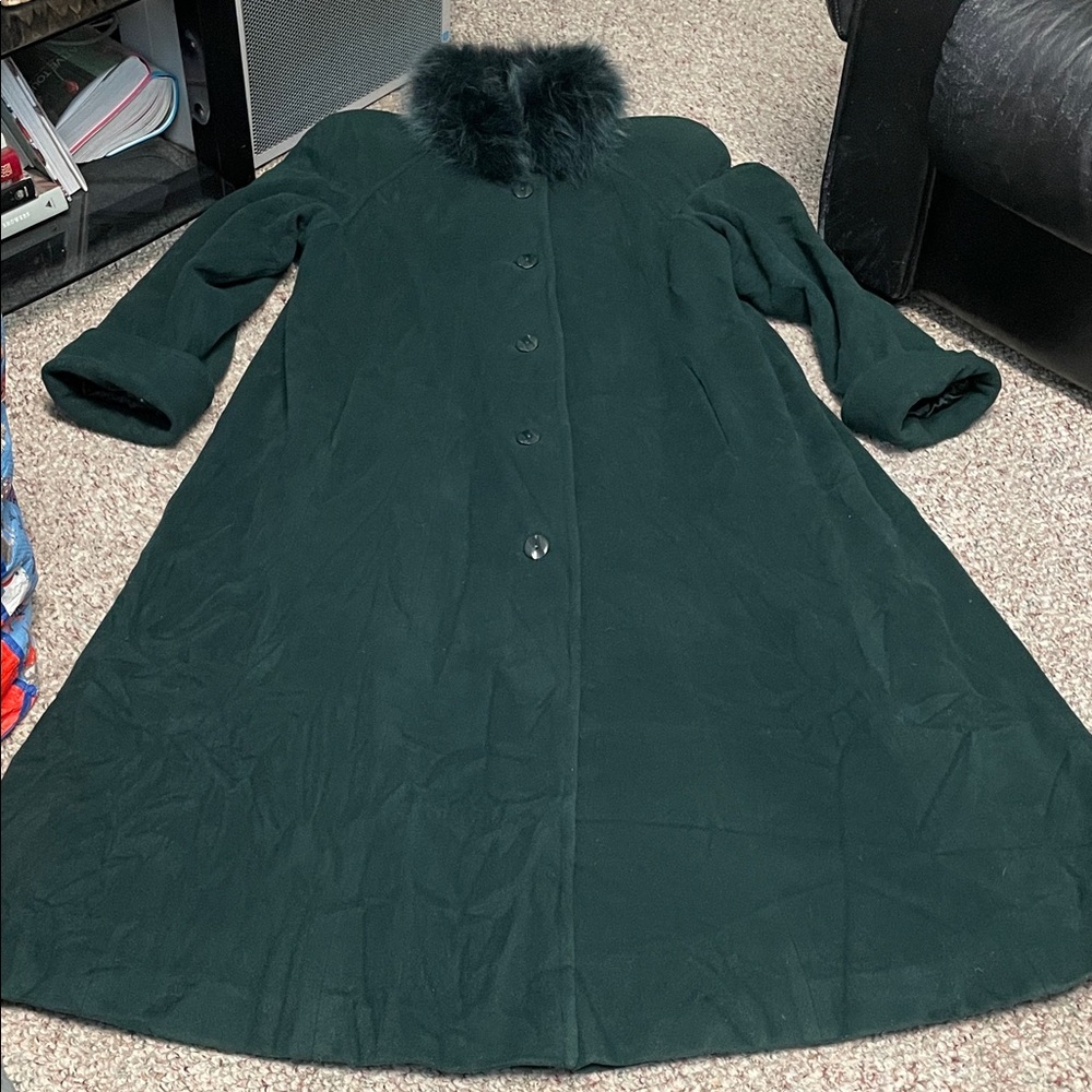 Vintage me-jay 100% wool Green ankle length Women's Coat with real foxFur Collar